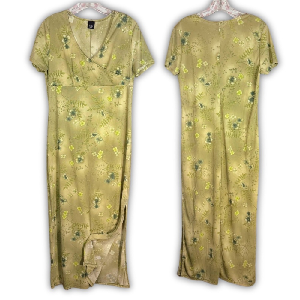 Vintage Y2K Green Floral Long Dress Babydoll Short Sleeve Fairy Grunge 90s